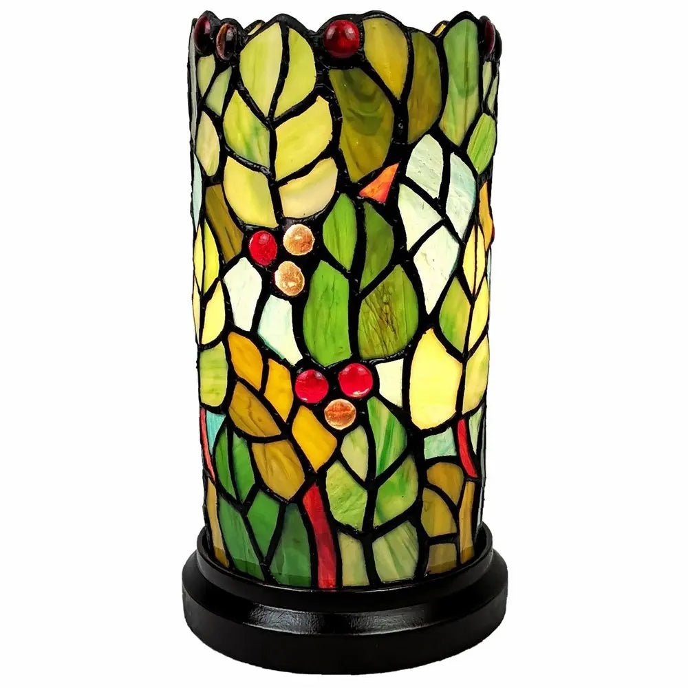 11" Green and Red Leaves and Berries Stained Glass Accent Lamp HomeRoots