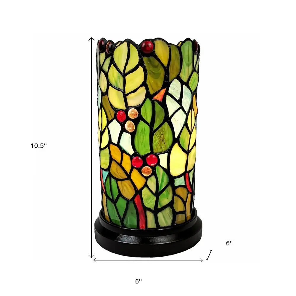 11" Green and Red Leaves and Berries Stained Glass Accent Lamp HomeRoots