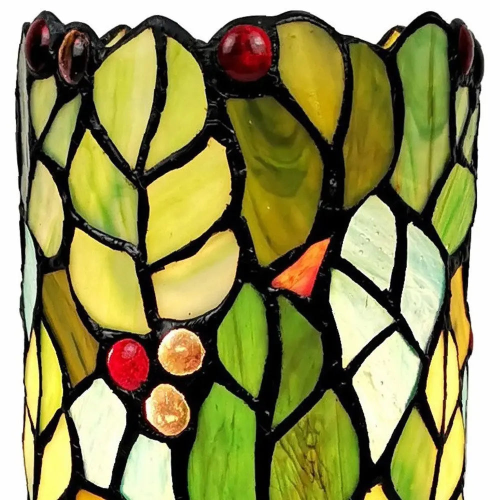 11" Green and Red Leaves and Berries Stained Glass Accent Lamp HomeRoots