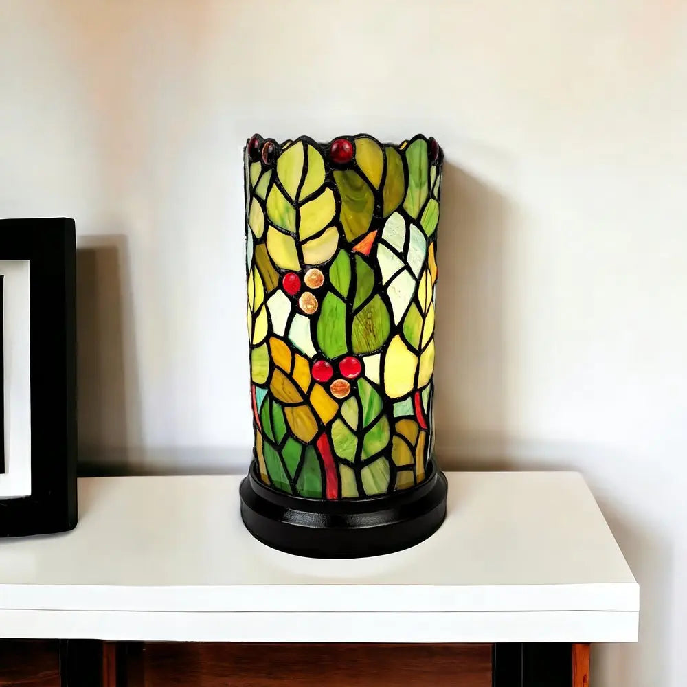 11" Green and Red Leaves and Berries Stained Glass Accent Lamp HomeRoots