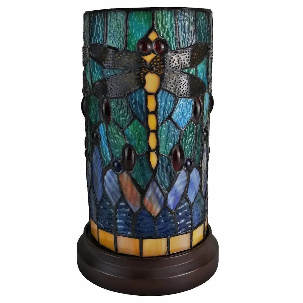 11" Green Brown and Orange Dragonfly Stained Glass Accent Lamp HomeRoots