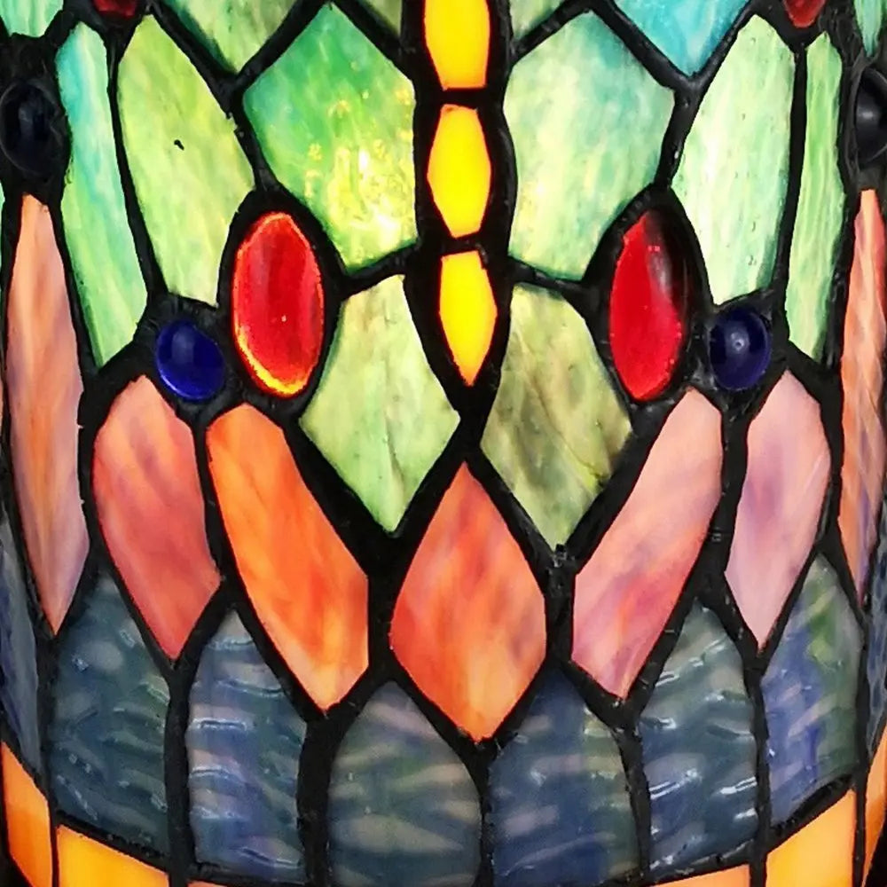 11" Green Brown and Orange Dragonfly Stained Glass Accent Lamp HomeRoots