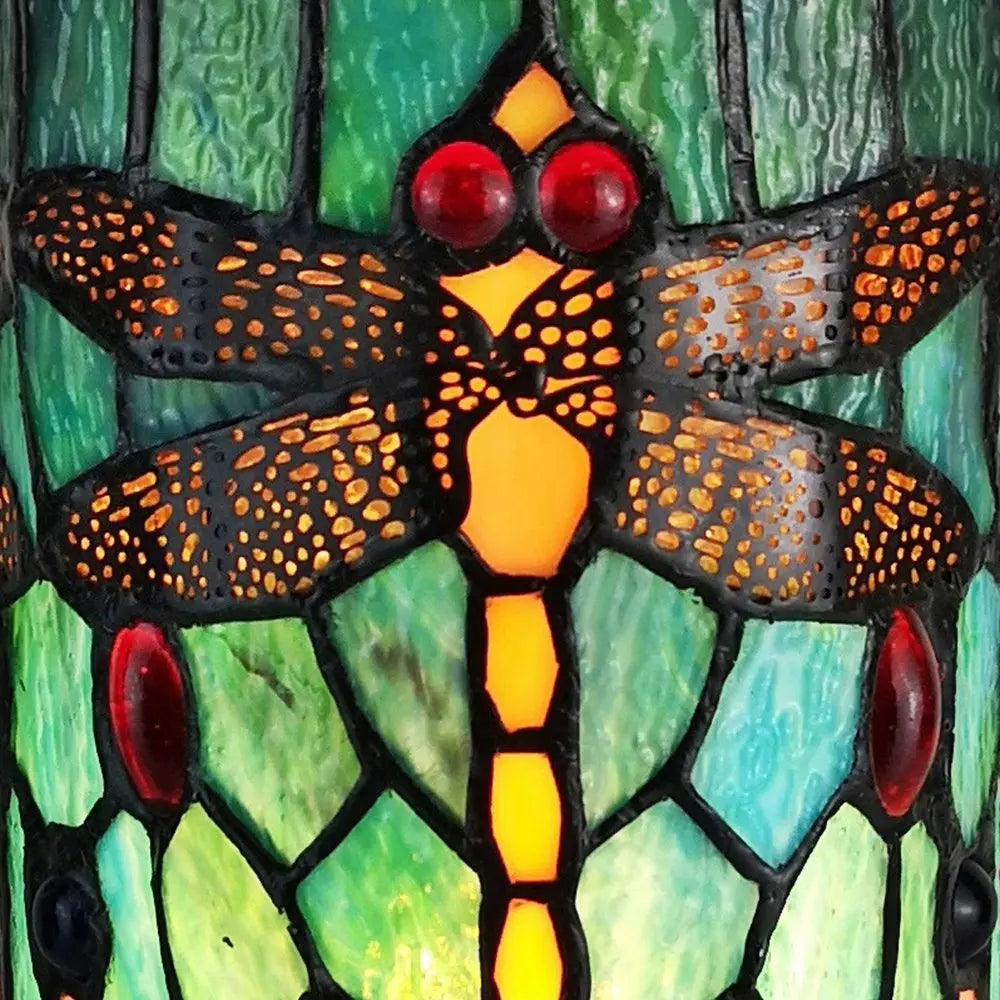 11" Green Brown and Orange Dragonfly Stained Glass Accent Lamp HomeRoots