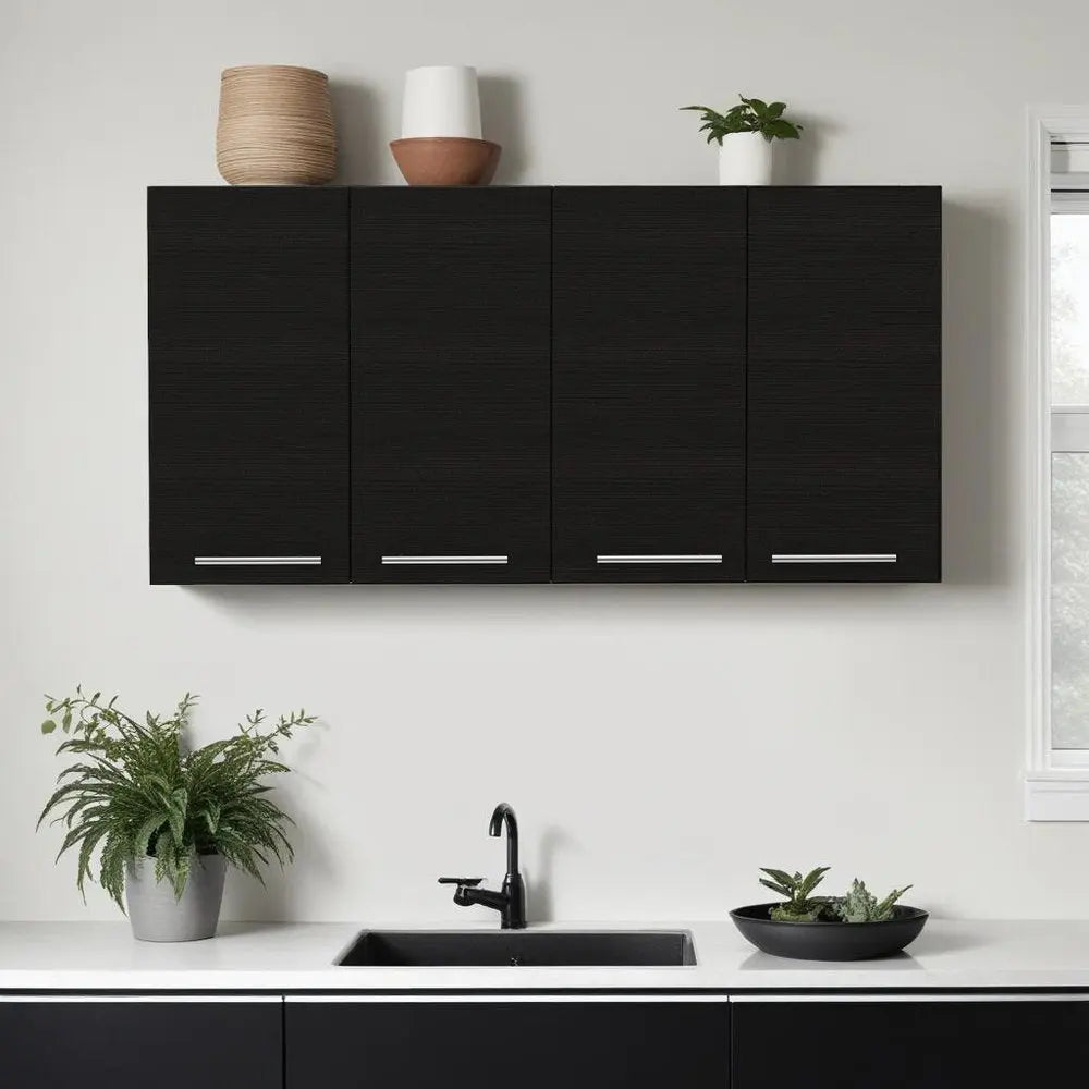 47" Black Wood Wall Mounted Accent Cabinet With Four Doors HomeRoots