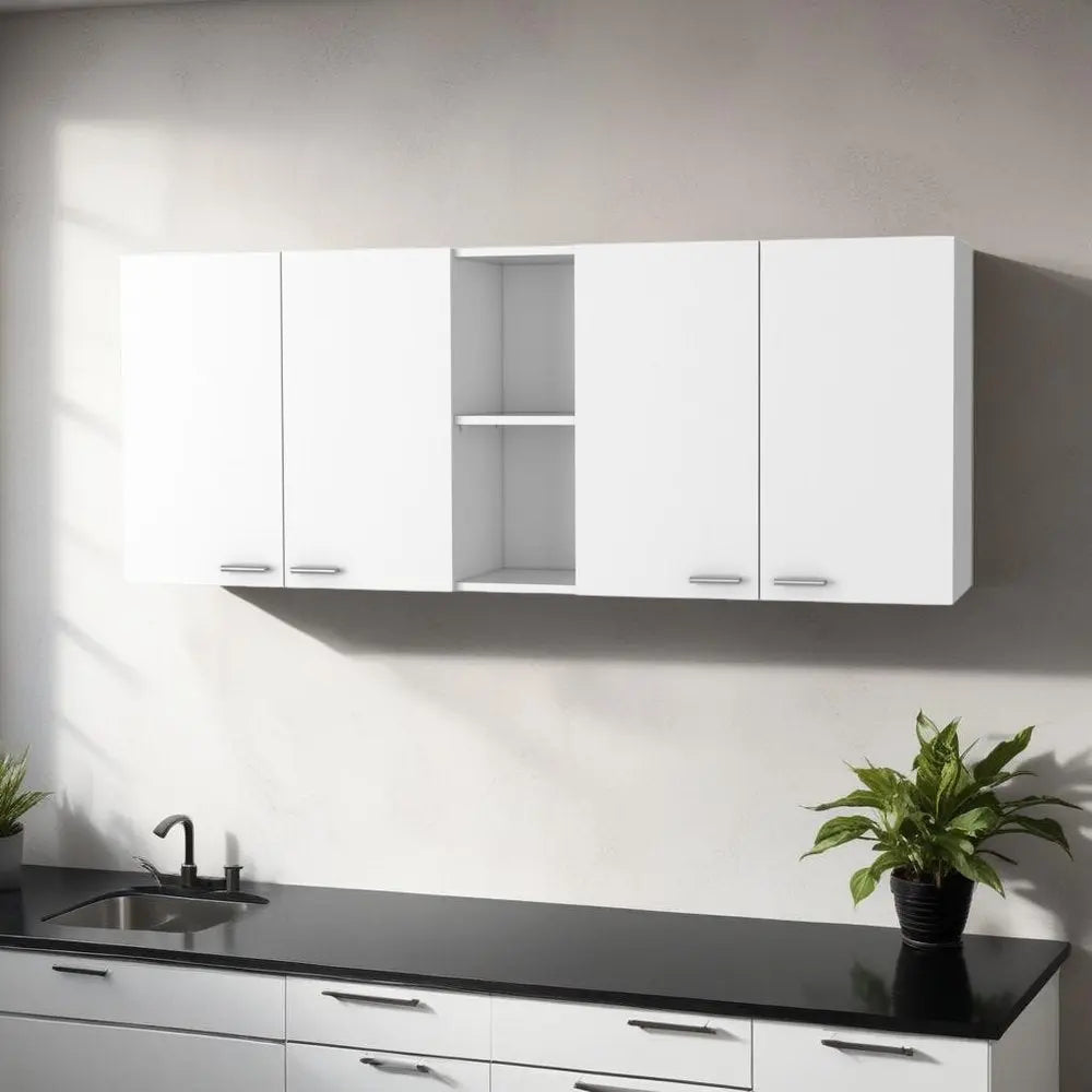 59" White Wood Wall Mounted Accent Cabinet With Four Doors HomeRoots