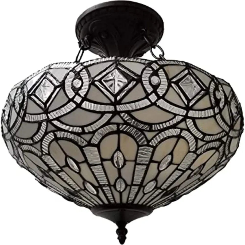 Black and Gray Tiffany Style Two Light Glass Dimmable Semi Flush Ceiling Light HomeRoots