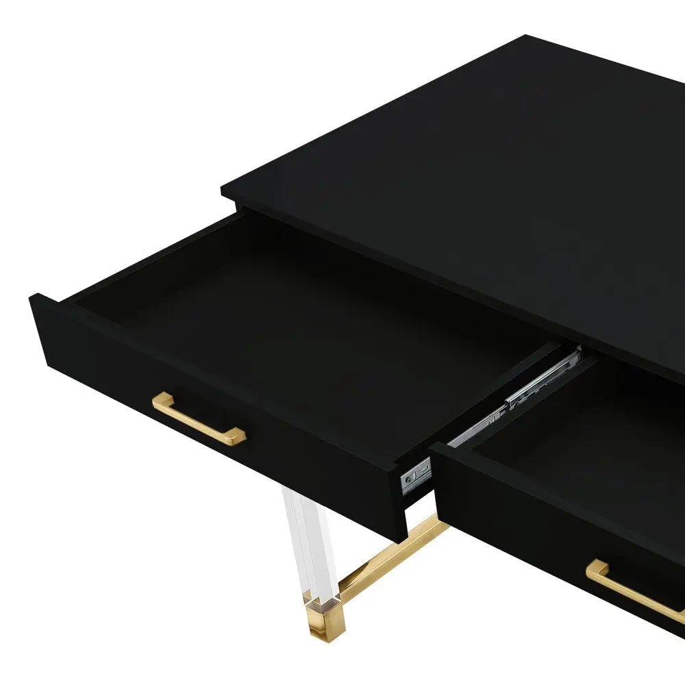 48" Black Clear and Gold Wood Acrylic and Stainless Steel Writing Desk With Two Drawers - NOBLE HOME INTERIORS