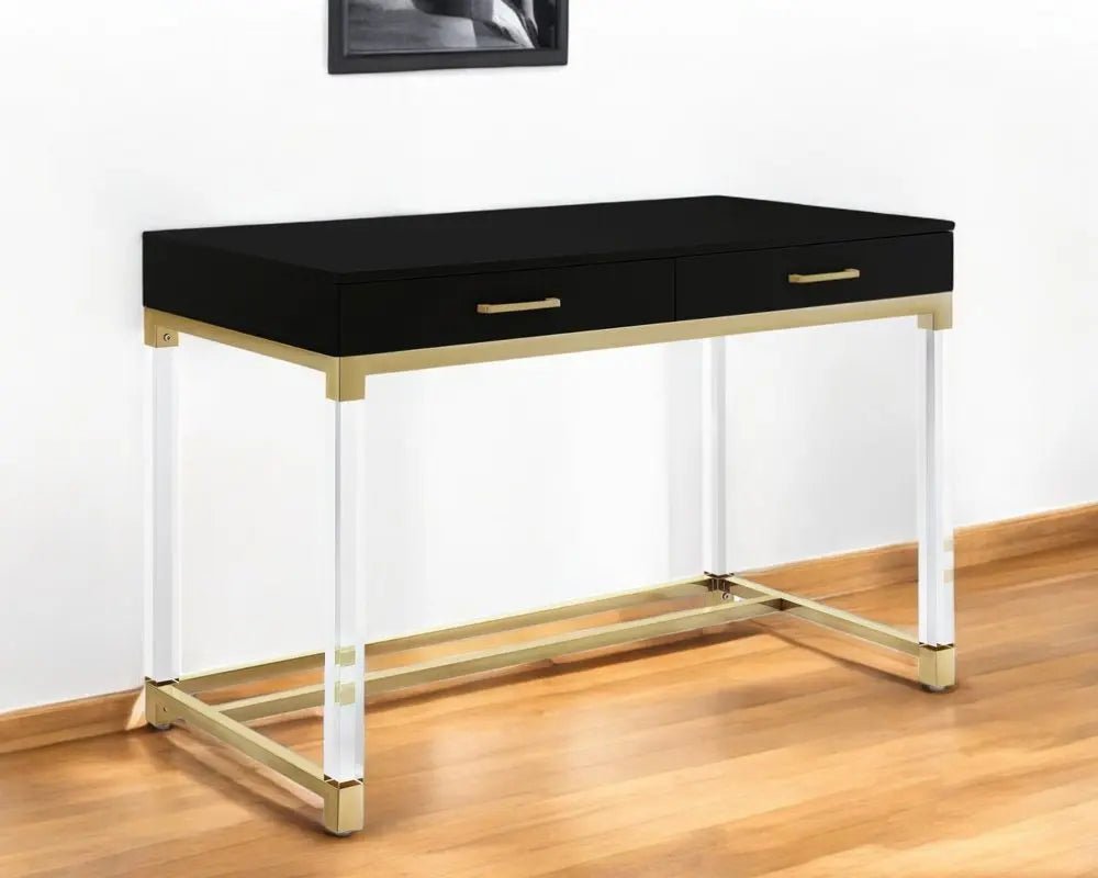 48" Black Clear and Gold Wood Acrylic and Stainless Steel Writing Desk With Two Drawers - NOBLE HOME INTERIORS