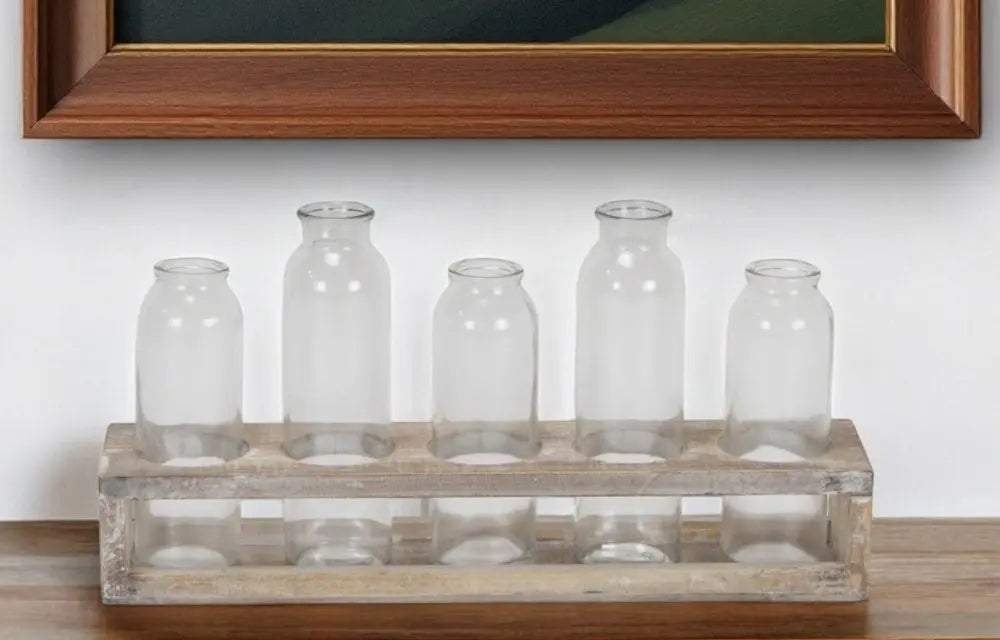Set of Five Clear Cylinder Glass Decorative Bottles HomeRoots