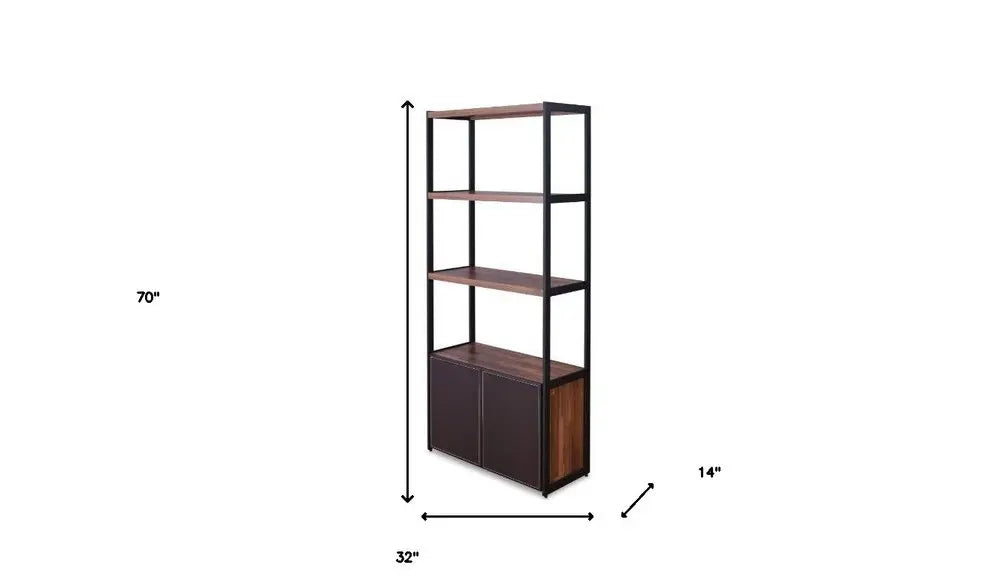 Brown And Black Metal Three Tier Bookcase with Two Doors HomeRoots