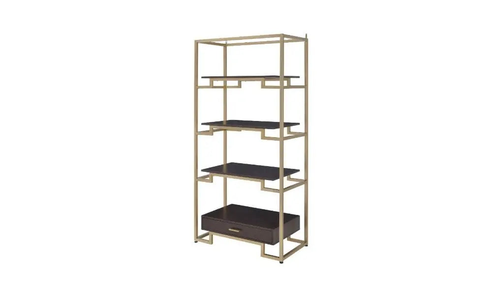 78" Gold and Black Metal Four Tier Etagere Bookcase with a Drawer HomeRoots