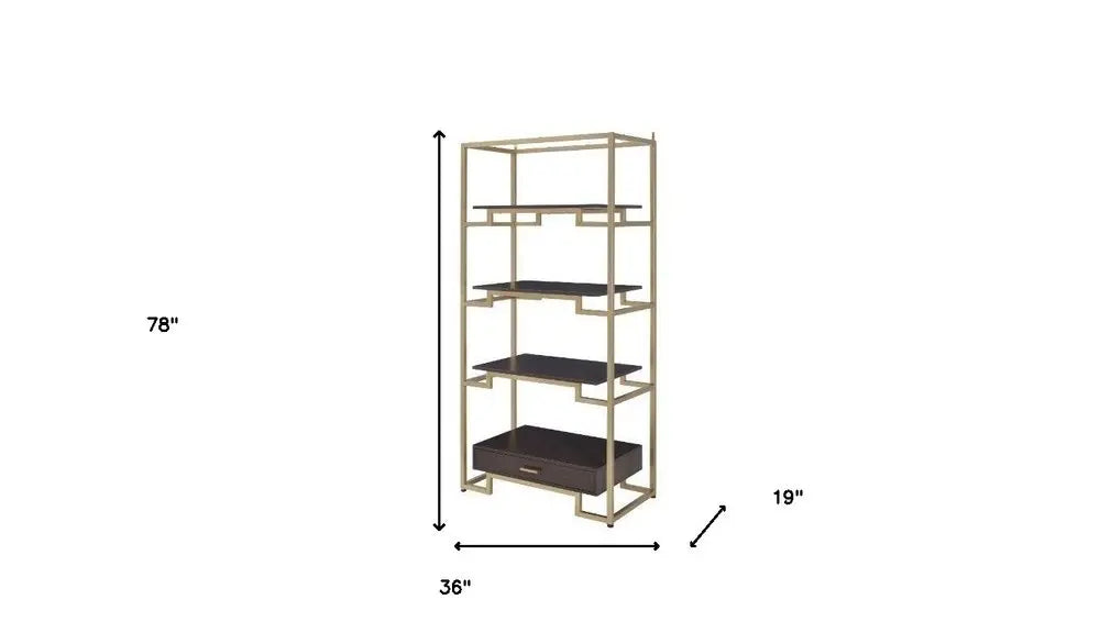 78" Gold and Black Metal Four Tier Etagere Bookcase with a Drawer HomeRoots