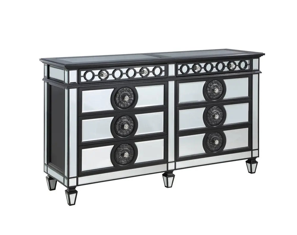 68" Black and Silver Solid and Manufactured Wood Mirrored Eight Drawer Double Dresser HomeRoots