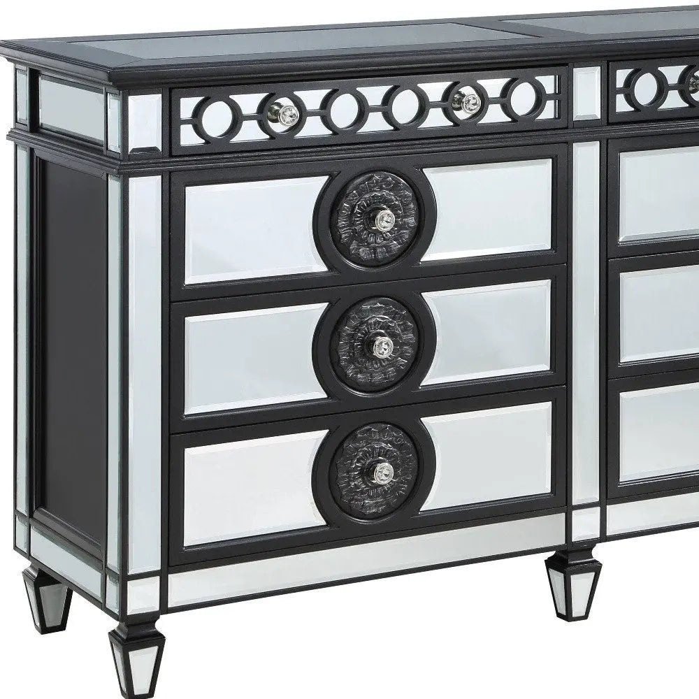 68" Black and Silver Solid and Manufactured Wood Mirrored Eight Drawer Double Dresser HomeRoots