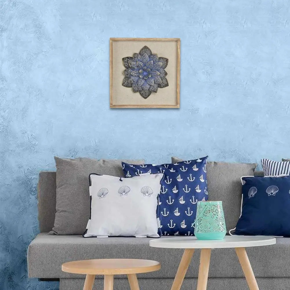 12" X 13" Dark Blue Flower Wood and Metal Wall Decor HomeRoots