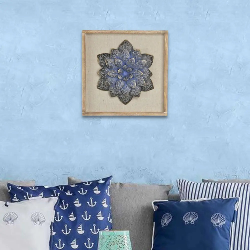 12" X 13" Dark Blue Flower Wood and Metal Wall Decor HomeRoots