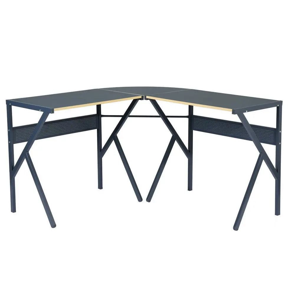 49" Black Wood and Metal Corner H - Shape Computer Desk - NOBLE HOME INTERIORS