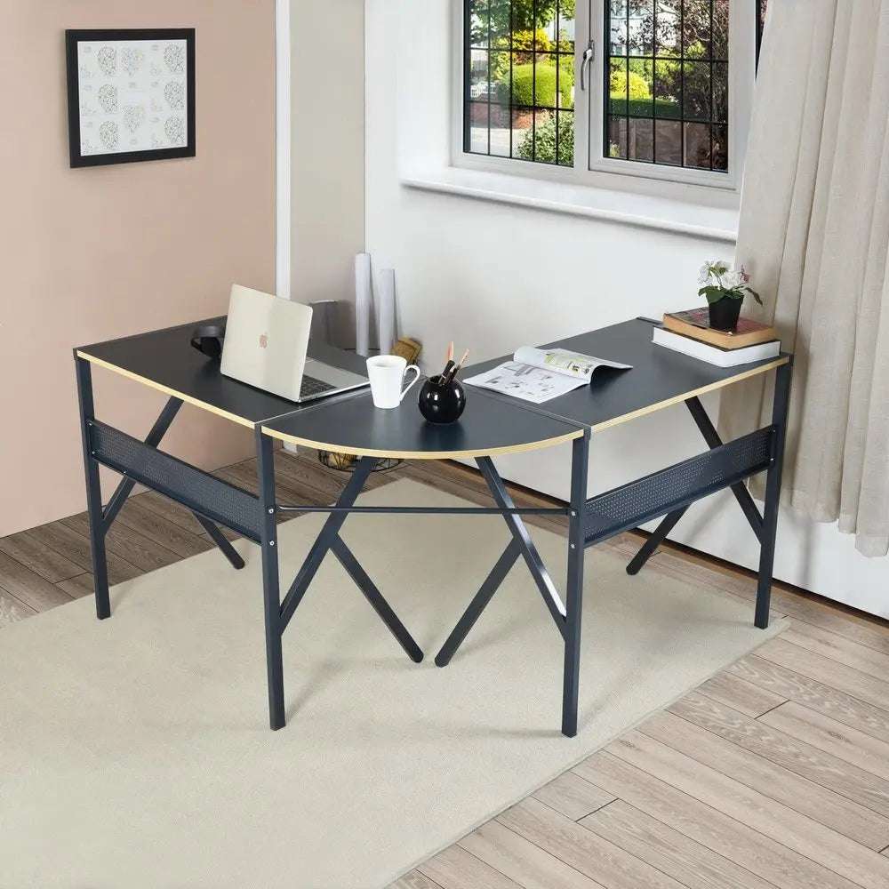 49" Black Wood and Metal Corner H - Shape Computer Desk - NOBLE HOME INTERIORS