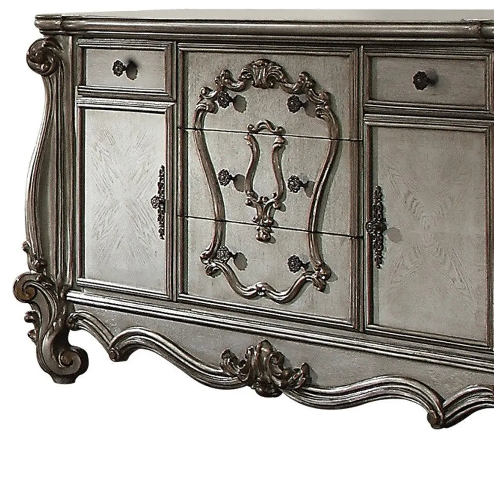 70" Platinum Carved Scrollwork Wood And Polyresin Five Drawer Triple Dresser HomeRoots