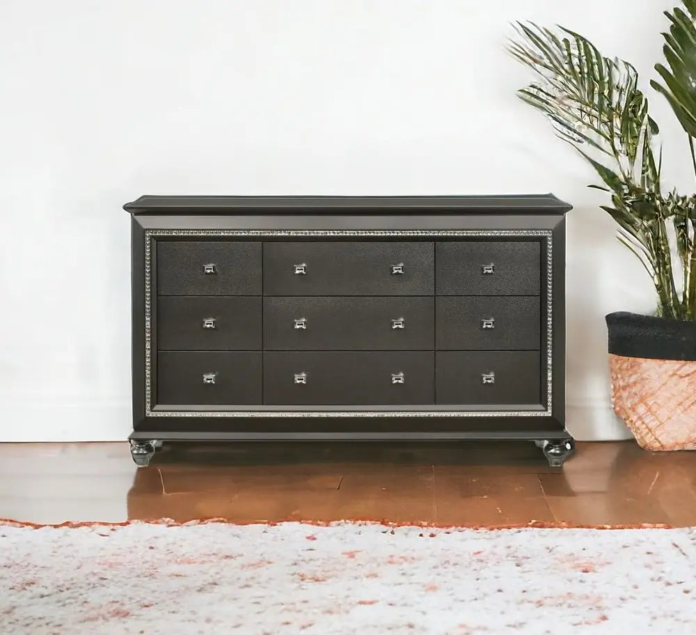 66" Gray Solid and Manufactured Wood Nine Drawer Triple Dresser HomeRoots