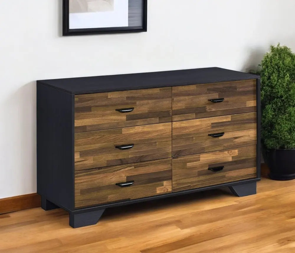 47" Walnut Black And Finish Manufactured Wood Six Drawer Double Dresser HomeRoots