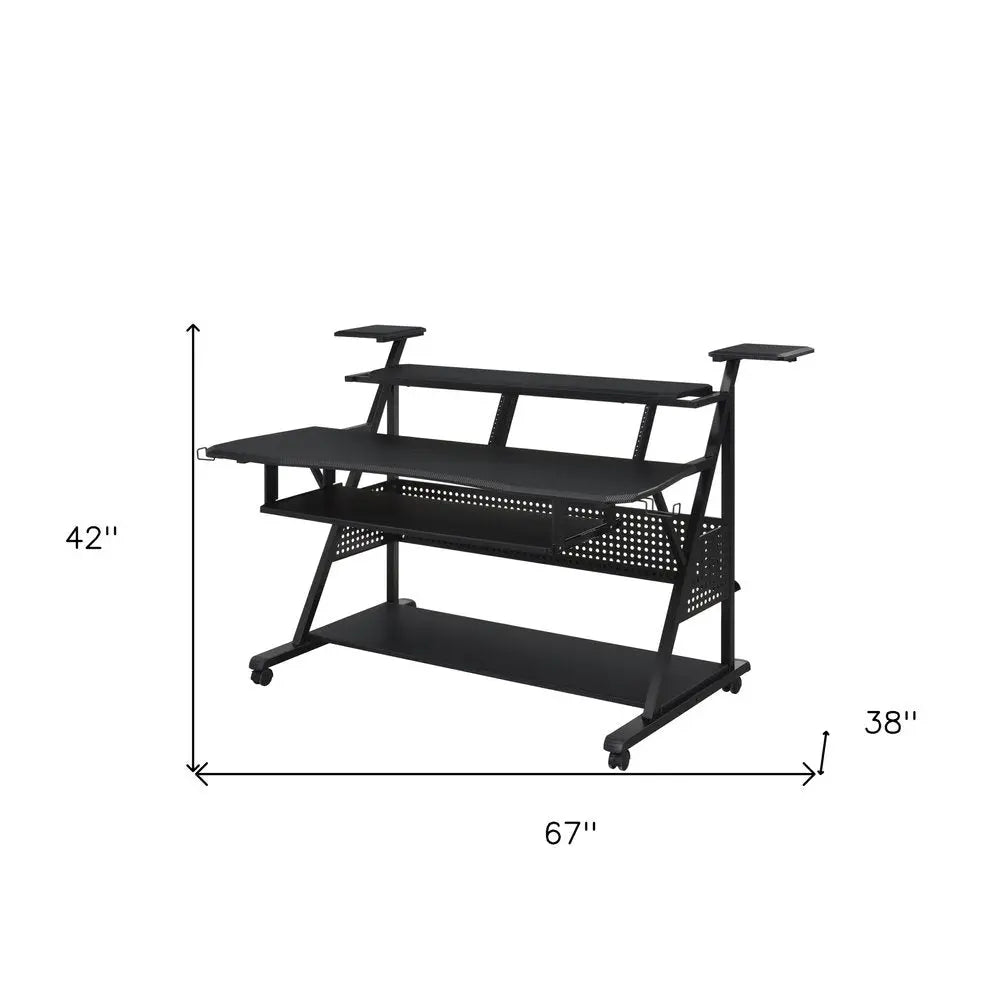 67" Black Wood and Metal Rolling Computer Desk HomeRoots