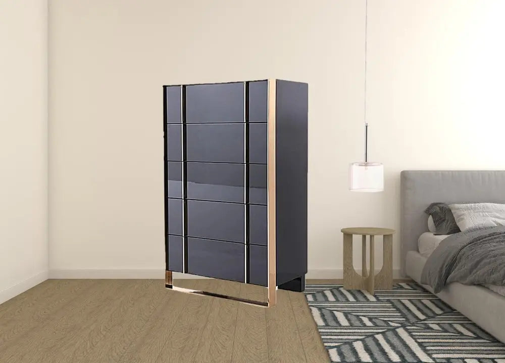 33" Black Gold Manufactured Wood + Solid Wood Stainless Steel Five Drawer Chest HomeRoots