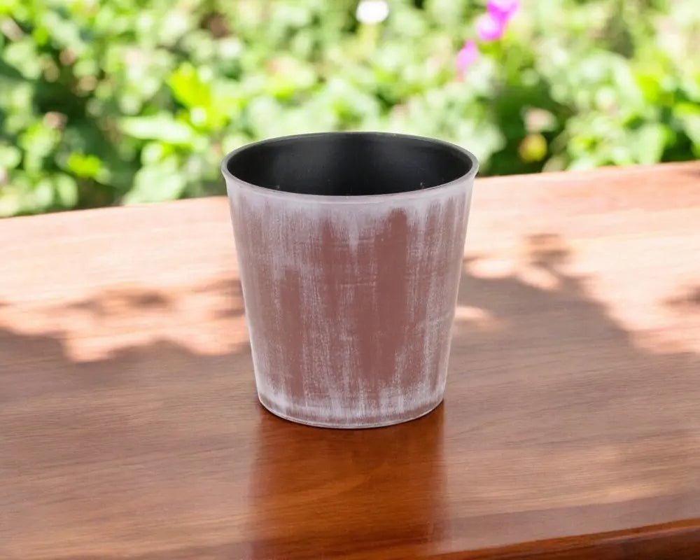 5" Brown and Off White Textural Tone On Tone Recycled Plastic Indoor Outdoor Round Pot Planter - NOBLE HOME INTERIORS