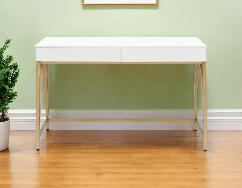 50" White and Gold Writing Desk With Two Drawers - NOBLE HOME INTERIORS