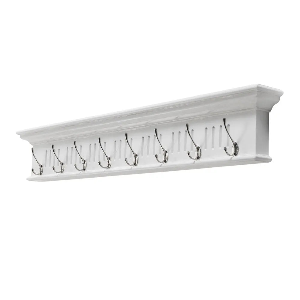 51" White Solid Wood Eight Hook Wall Mount Coat Rack - NOBLE HOME INTERIORS