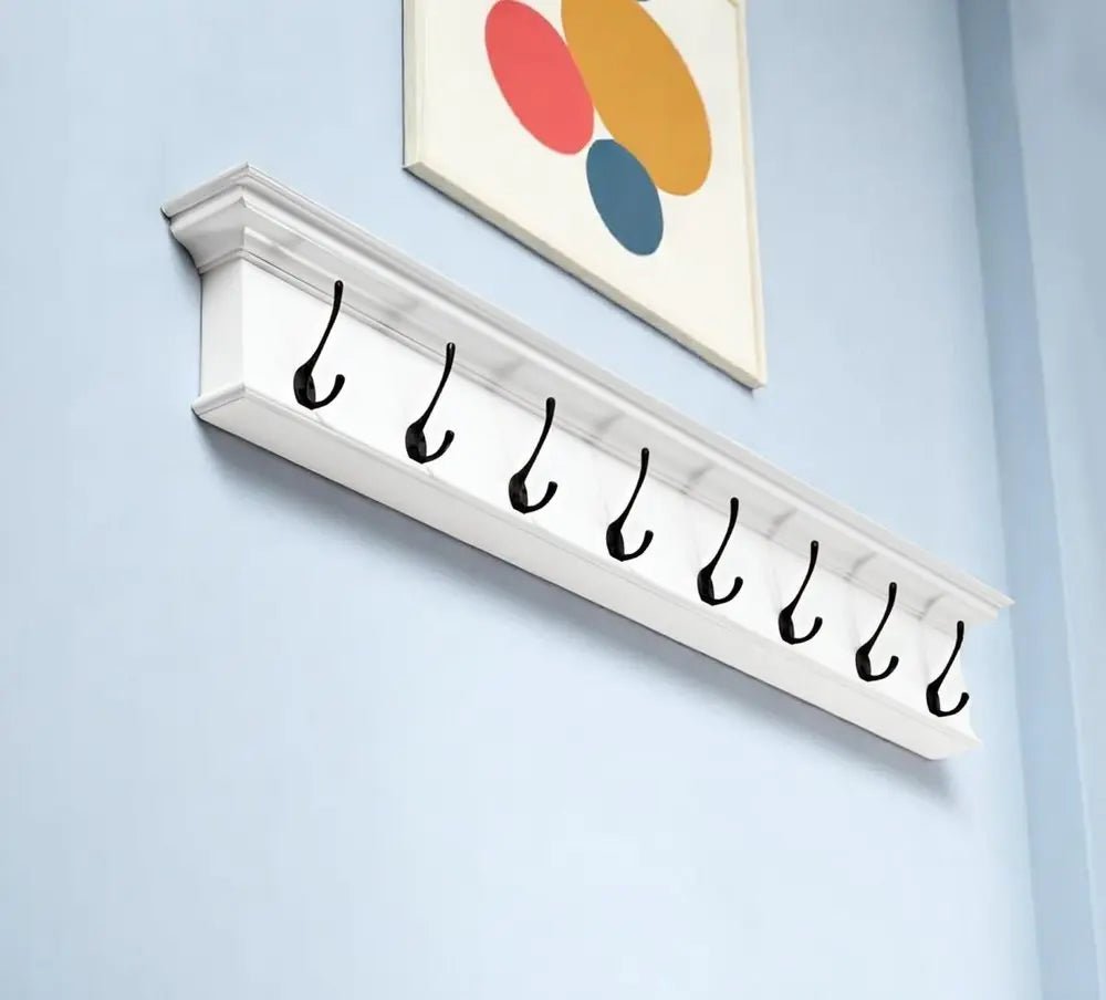 51" White Solid Wood Eight Hook Wall Mount Coat Rack - NOBLE HOME INTERIORS