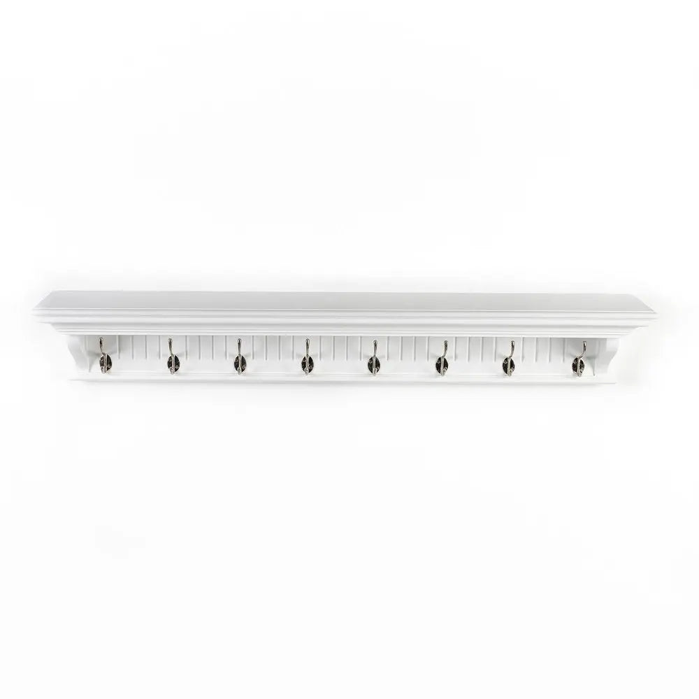 51" White Solid Wood Eight Hook Wall Mount Coat Rack - NOBLE HOME INTERIORS