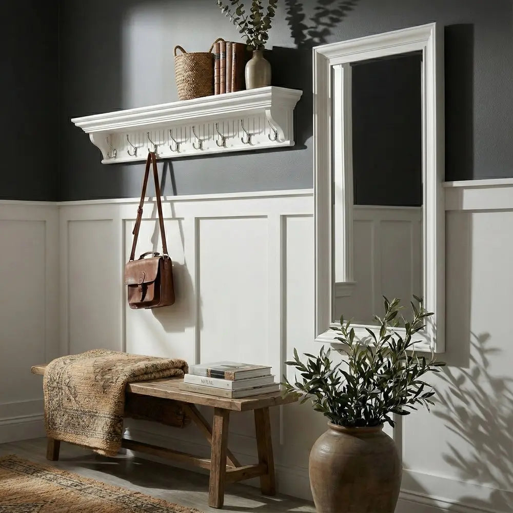 51" White Solid Wood Eight Hook Wall Mount Coat Rack - NOBLE HOME INTERIORS