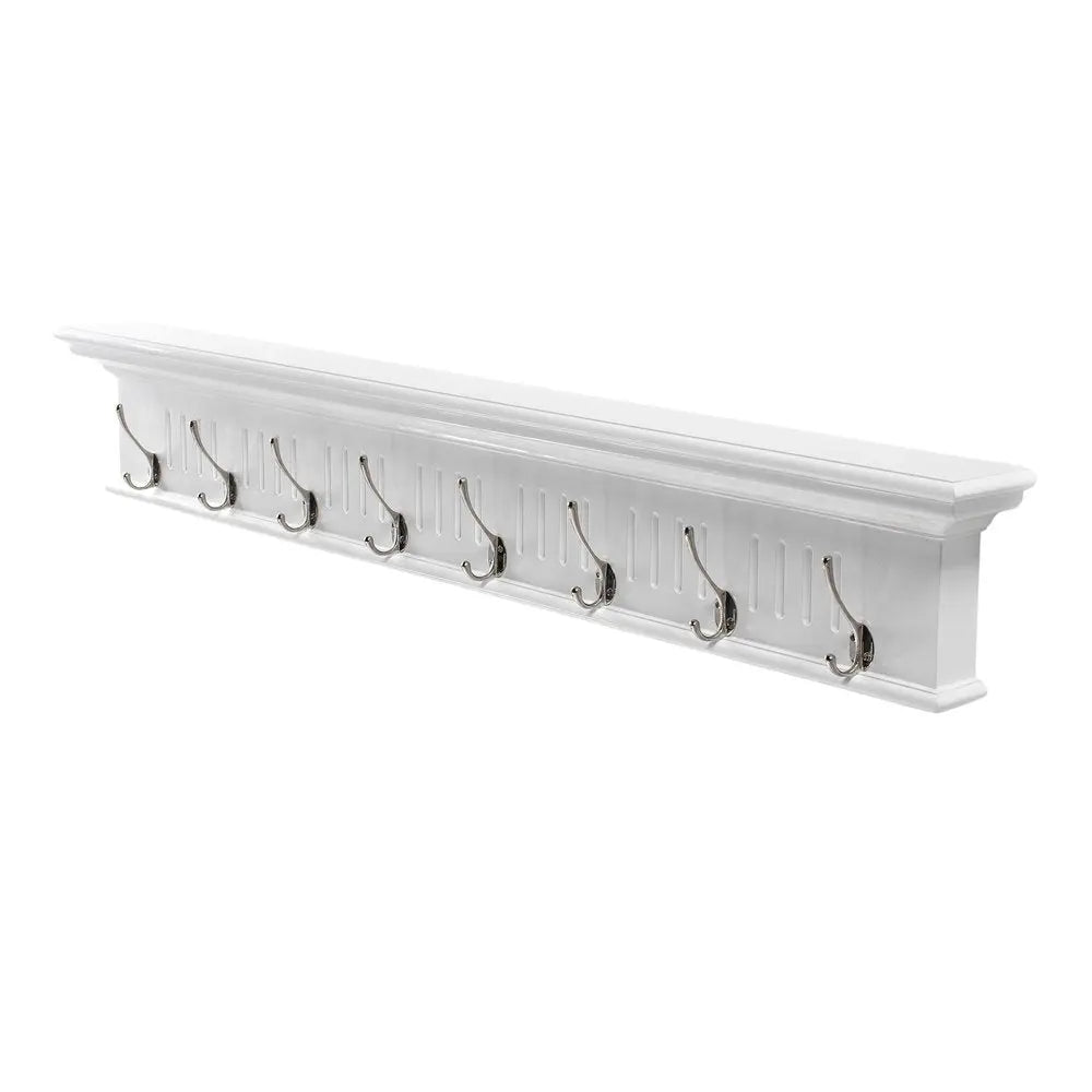 51" White Solid Wood Eight Hook Wall Mount Coat Rack - NOBLE HOME INTERIORS