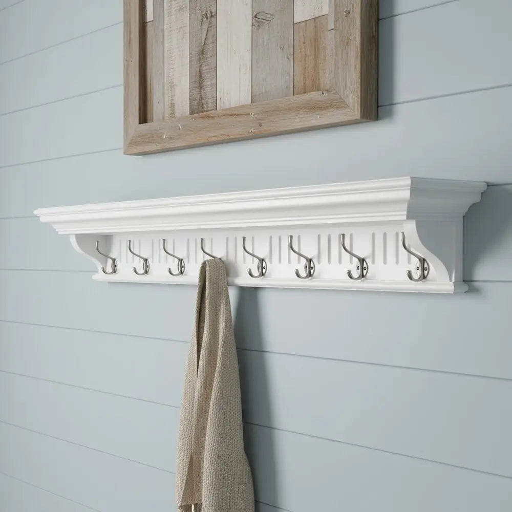 51" White Solid Wood Eight Hook Wall Mount Coat Rack - NOBLE HOME INTERIORS