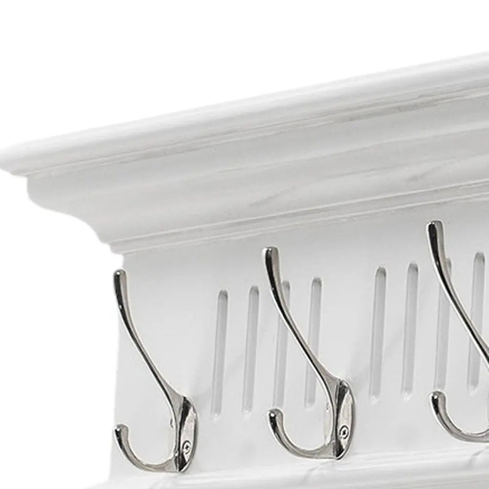 51" White Solid Wood Eight Hook Wall Mount Coat Rack - NOBLE HOME INTERIORS