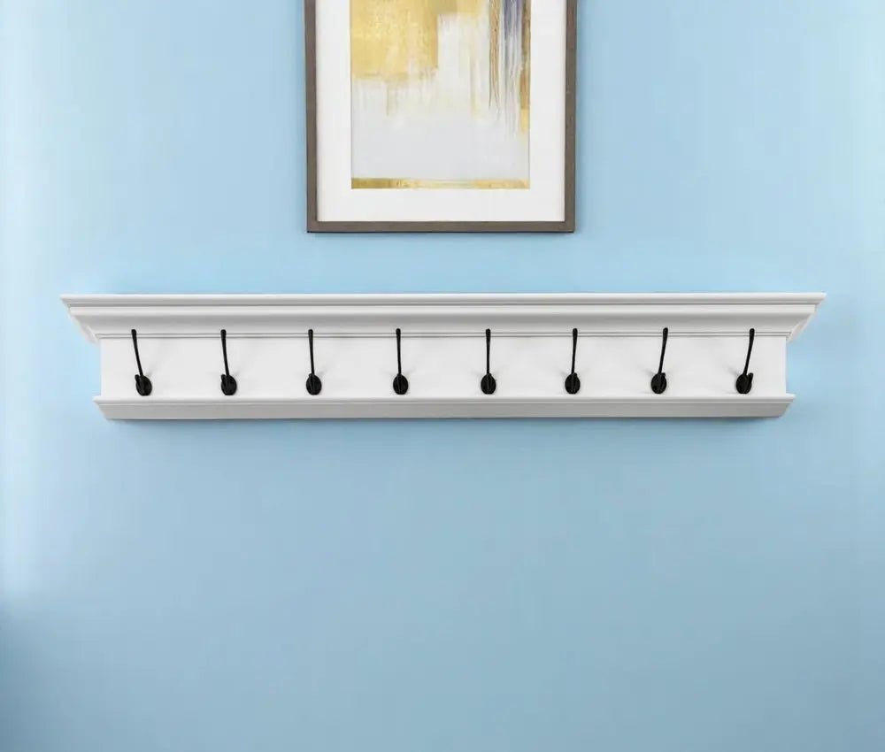 51" White Solid Wood Eight Hook Wall Mount Coat Rack - NOBLE HOME INTERIORS