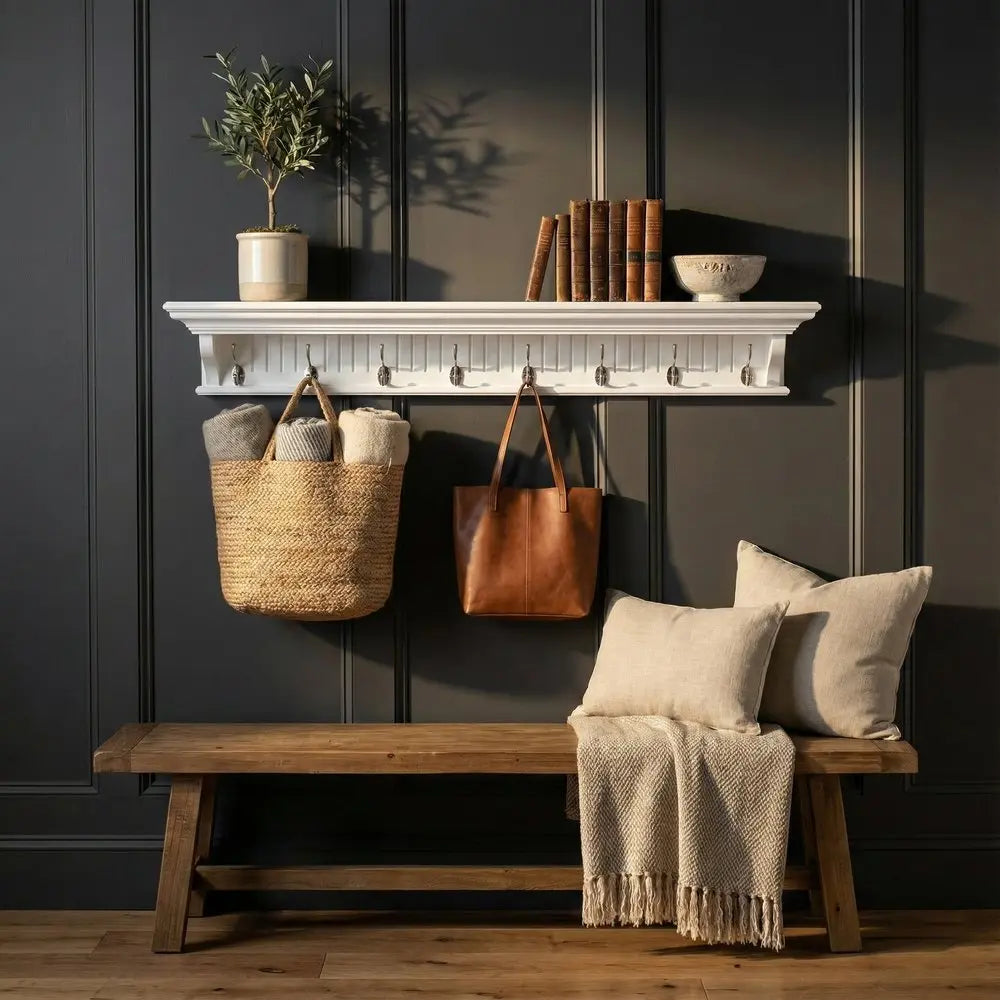 51" White Solid Wood Eight Hook Wall Mount Coat Rack - NOBLE HOME INTERIORS