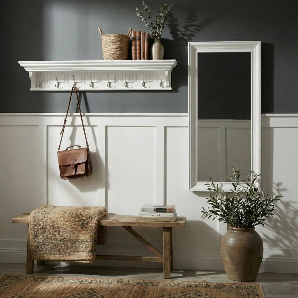 51" White Solid Wood Eight Hook Wall Mount Coat Rack - NOBLE HOME INTERIORS