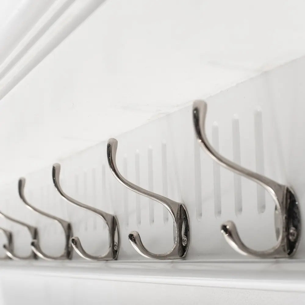 51" White Solid Wood Eight Hook Wall Mount Coat Rack - NOBLE HOME INTERIORS