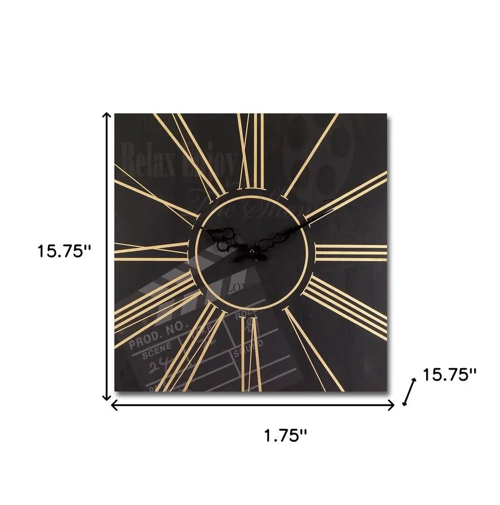 Set of Two Black And Gold Wood Analog Square Cinema Wall Clocks HomeRoots
