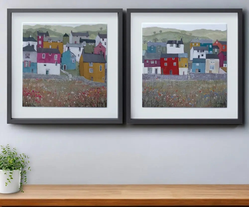 Set of Two Gray Green And Yellow Wood Square Framed Art HomeRoots