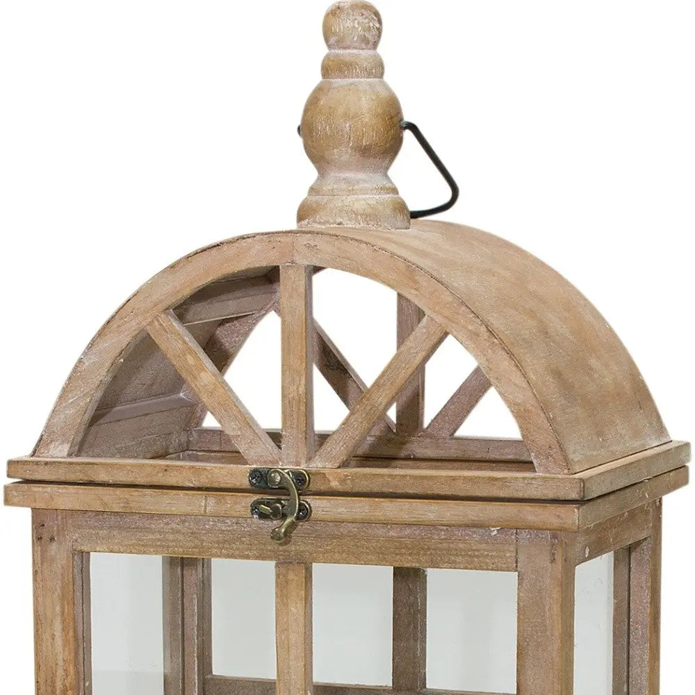 Set of Two Natural Distressed Geometric Wood And Glass Floor Lantern Candle Holders