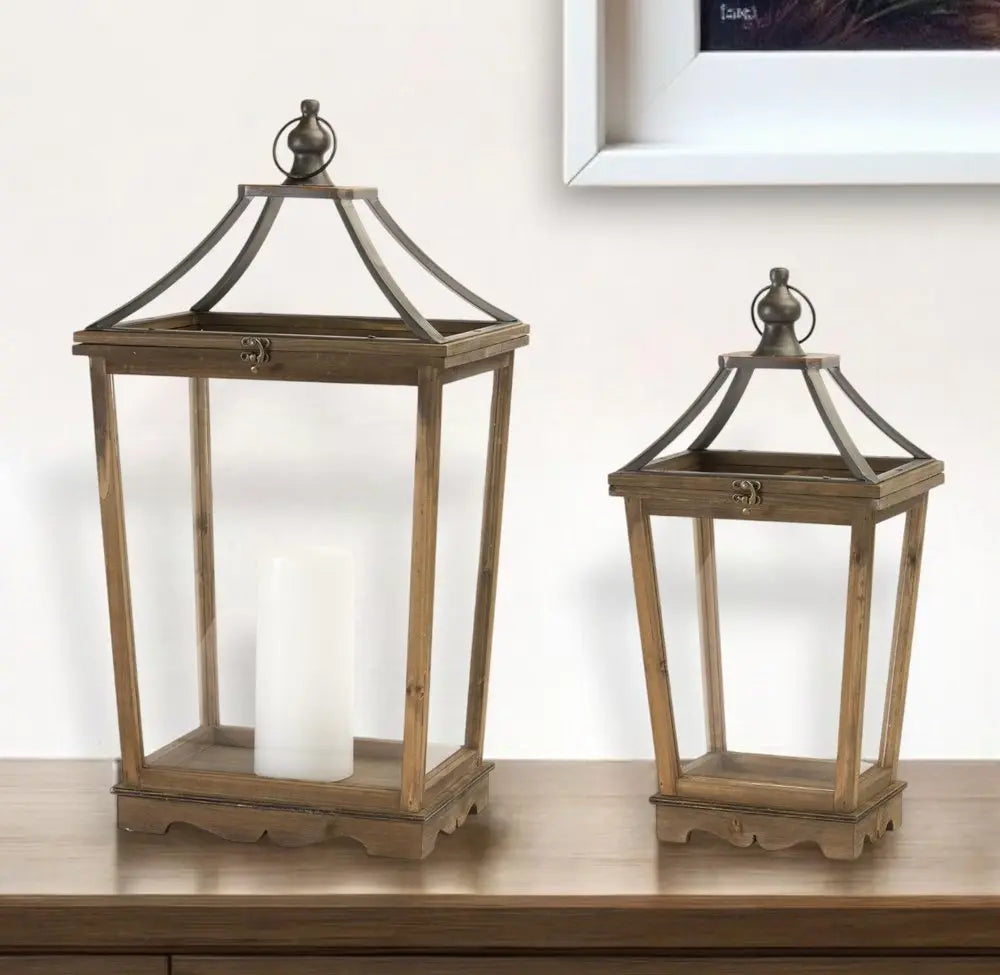 Set of Two Brown Distressed Geometric Wood And Metal Floor Lantern Candle Holders HomeRoots
