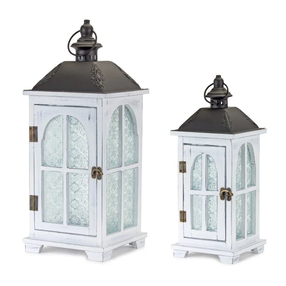 Set of Two White And Black Distressed Ornate Glass Wood And Metal Floor Lantern Candle Holders HomeRoots