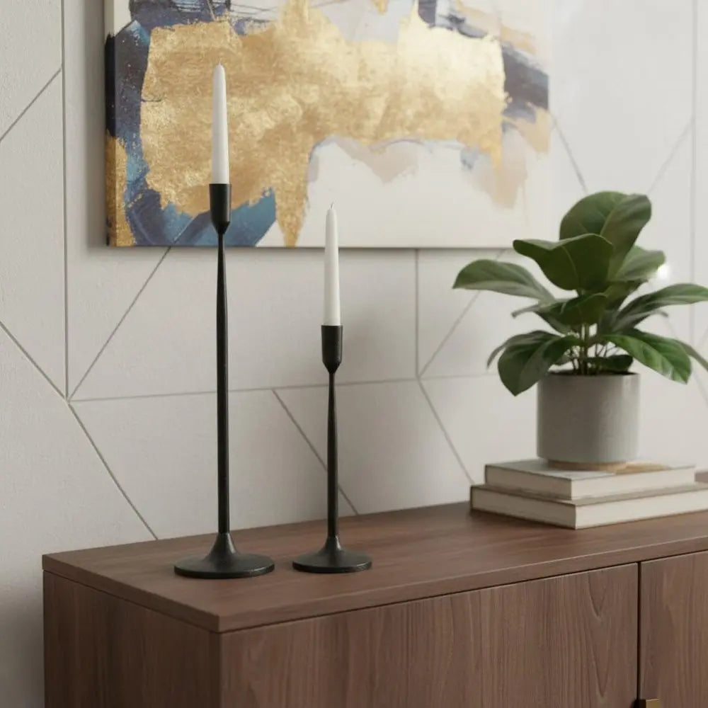 Set of Two Black Distressed Metal Tabletop Taper Candle Holders HomeRoots