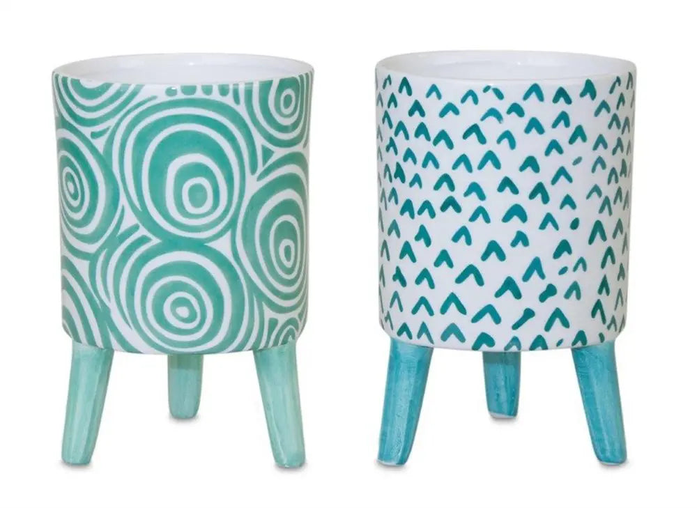 Set of Two Aqua Teal And White Ceramic 2 Ounce Chevron Round Distressed Pot Planters HomeRoots