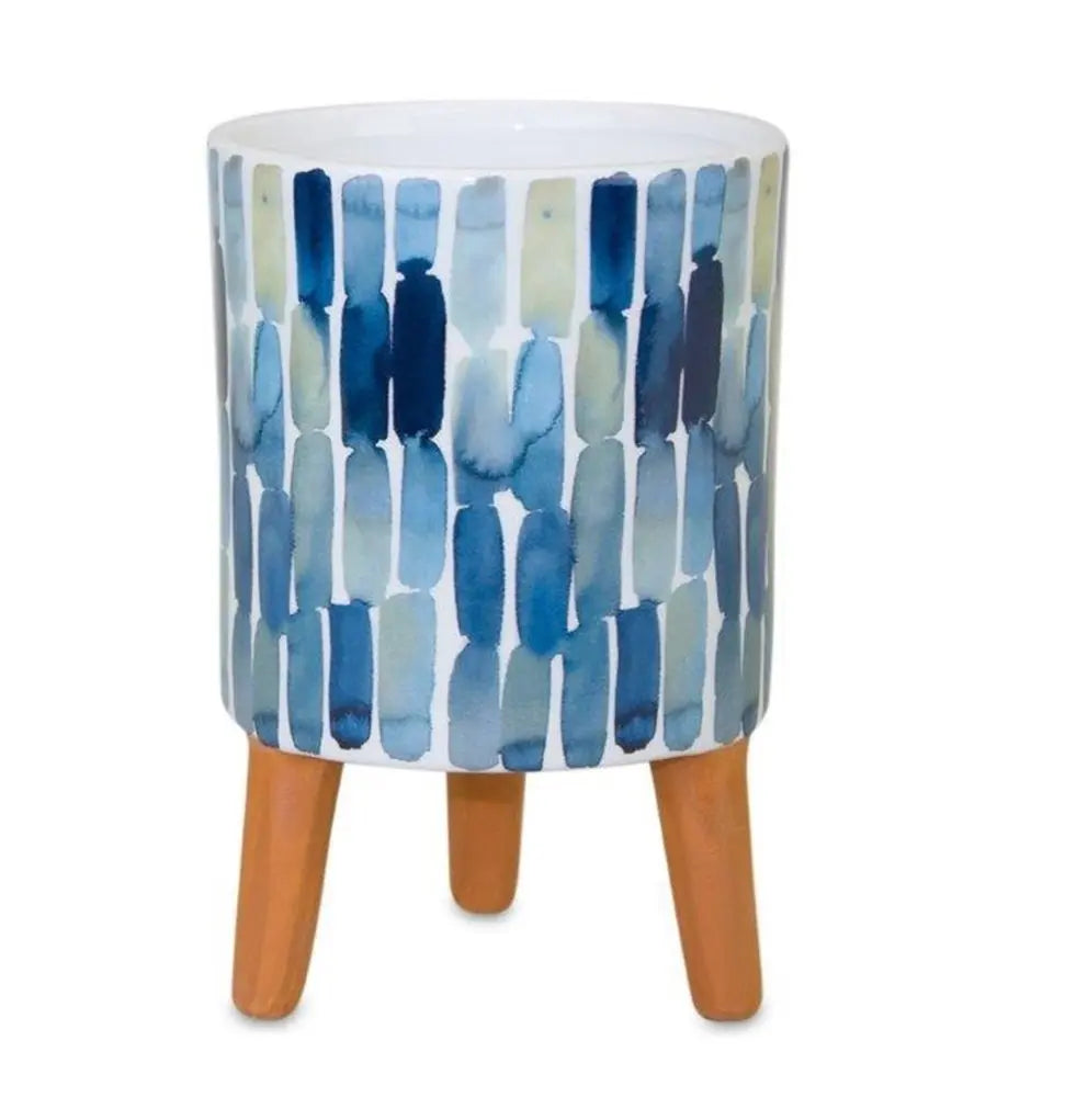 Set of Two Blue Terra Cotta And White Ceramic 2 Ounce Round Raised Pot Planters HomeRoots