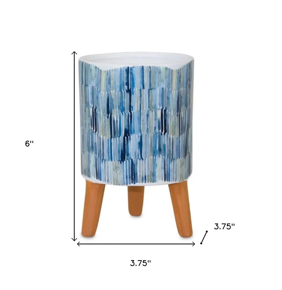 Set of Two Blue Terra Cotta And White Ceramic 2 Ounce Round Raised Pot Planters HomeRoots