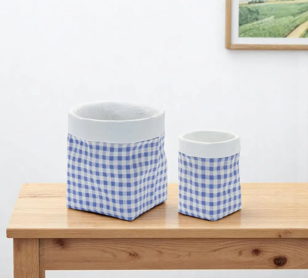 Set of Two Blue And White Cement 7 Ounce Gingham Pot Planters HomeRoots